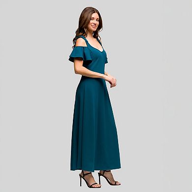 Women's 24Seven Comfort Apparel Cold Shoulder Ruffle Sleeve A-Line Maxi Dress