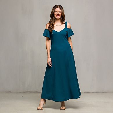 Women's 24Seven Comfort Apparel Cold Shoulder Ruffle Sleeve A-Line Maxi Dress