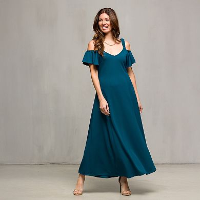 Women's 24Seven Comfort Apparel Cold Shoulder Ruffle Sleeve A-Line Maxi Dress