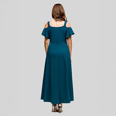 Women's 24Seven Comfort Apparel Cold Shoulder Ruffle Sleeve A-Line Maxi Dress