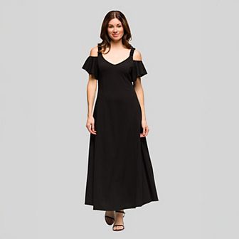 Women's 24Seven Comfort Apparel Cold Shoulder Ruffle Sleeve A-Line Maxi Dress