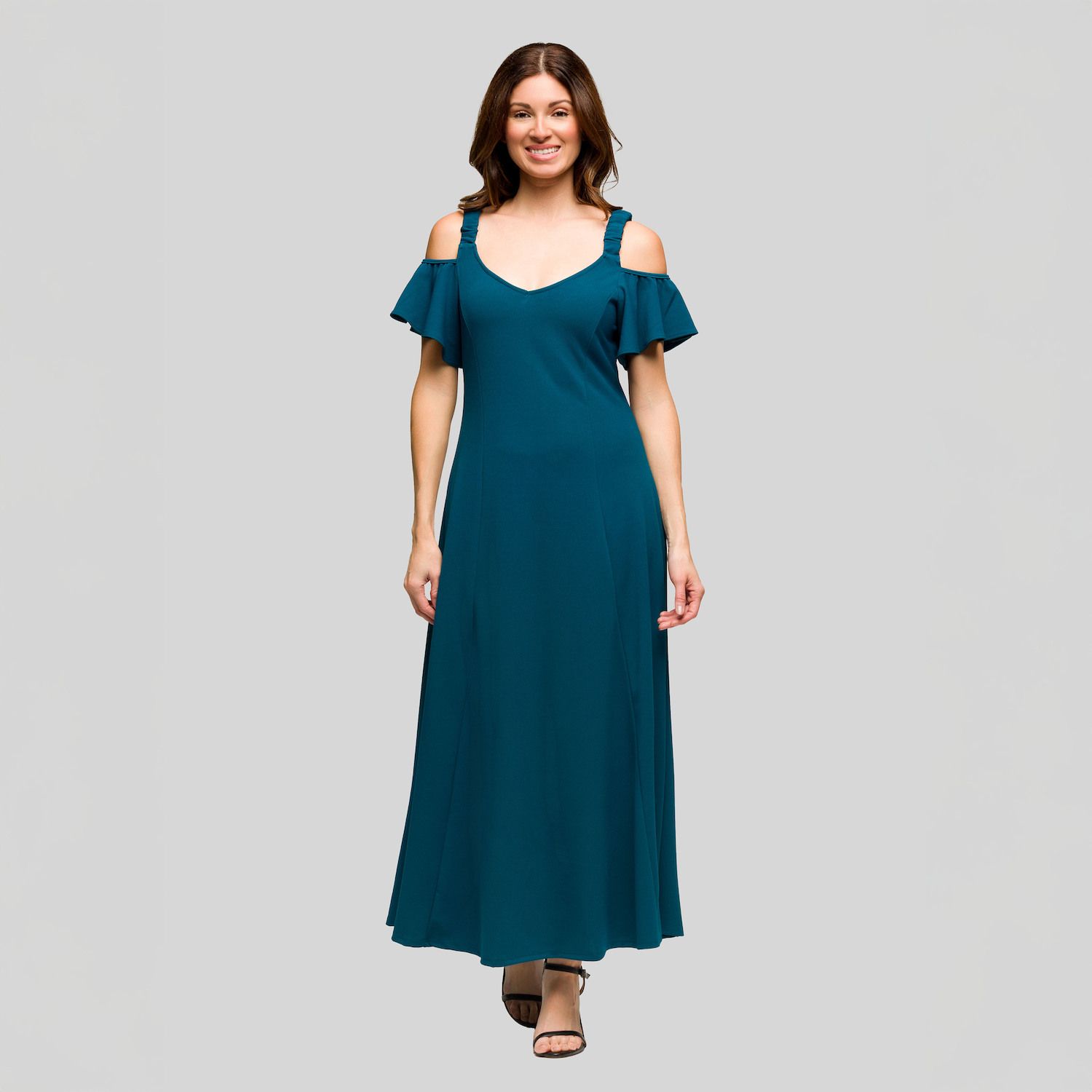 Женские платья 24Seven Comfort Apparel Cold Shoulder Ruffle Sleeve A-Line Maxi Dress