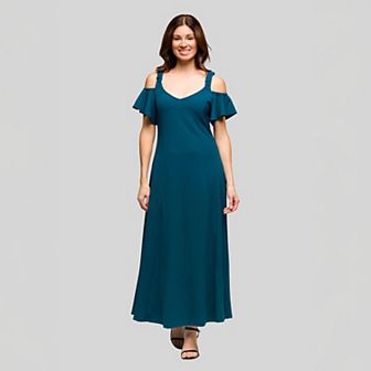 Women's 24Seven Comfort Apparel Cold Shoulder Ruffle Sleeve A-Line Maxi Dress