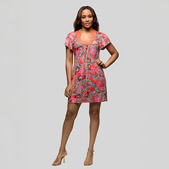 Women's 24Seven Comfort Apparel Pink Paisley Scoopneck Short Sleeve Mini Dress