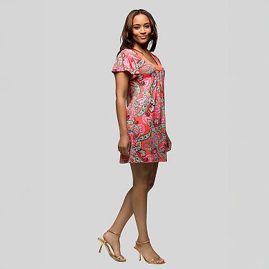Women's 24Seven Comfort Apparel Pink Paisley Scoopneck Short Sleeve Mini Dress