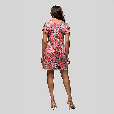 Women's 24Seven Comfort Apparel Pink Paisley Scoopneck Short Sleeve Mini Dress