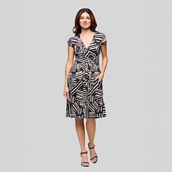 Women's 24Seven Comfort Apparel Black & White V-Neck Cap Sleeve Midi Dress