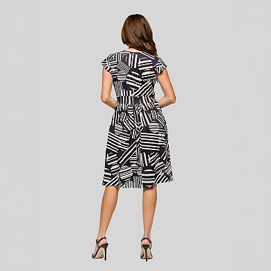 Women's 24Seven Comfort Apparel Black & White V-Neck Cap Sleeve Midi Dress