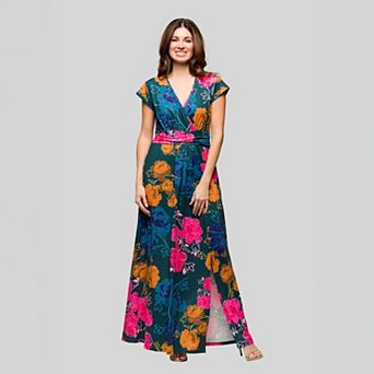 Women's 24Seven Comfort Apparel Floral Print V-Neck Cap Sleeve Side Slit Maxi Dress