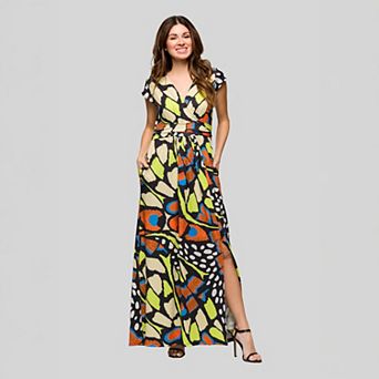 Women's 24Seven Comfort Apparel Butterfly Print V-Neck Cap Sleeve Side Slit Maxi Dress