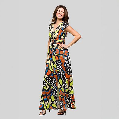 Women's 24Seven Comfort Apparel Butterfly Print V-Neck Cap Sleeve Side Slit Maxi Dress