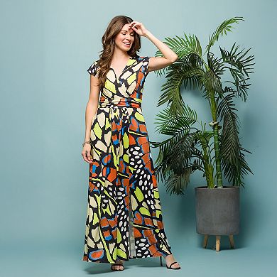 Women's 24Seven Comfort Apparel Butterfly Print V-Neck Cap Sleeve Side Slit Maxi Dress