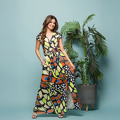 Women's 24Seven Comfort Apparel Butterfly Print V-Neck Cap Sleeve Side Slit Maxi Dress