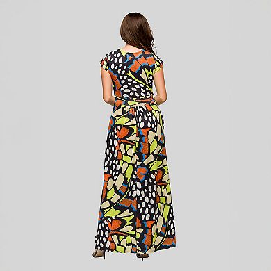 Women's 24Seven Comfort Apparel Butterfly Print V-Neck Cap Sleeve Side Slit Maxi Dress