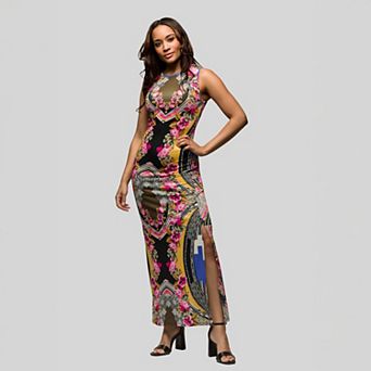 Women's 24Seven Comfort Apparel Geometric Floral Print Sleeveless Side Slit Maxi Dress