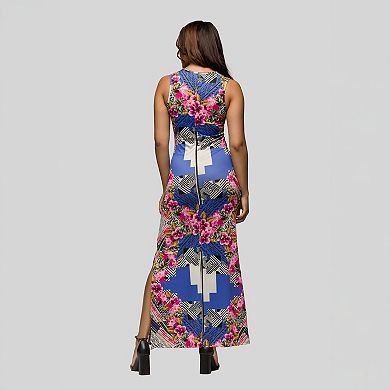 Women's 24Seven Comfort Apparel Geometric Floral Print Sleeveless Side Slit Maxi Dress
