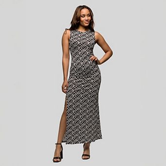 Women's 24Seven Comfort Apparel Black & White Print Sleeveless Side Slit Maxi Dress