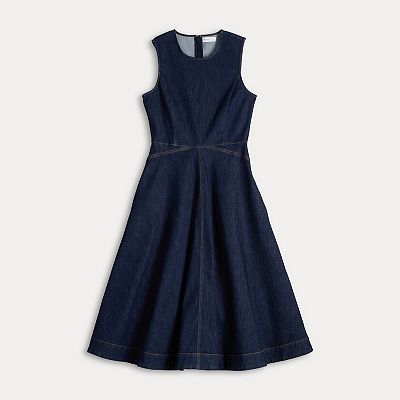 green emerald velvet dress Joseph Ribkoff Denim Fit And Flare Midi Dress With Belt Style 262901 main image 1