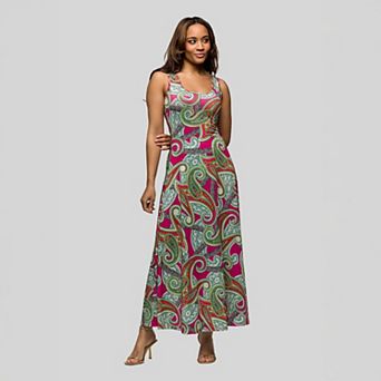Women's 24seven Comfort Apparel Paisley Print Scoop Neck A-Line Sleeveless Maxi Dress