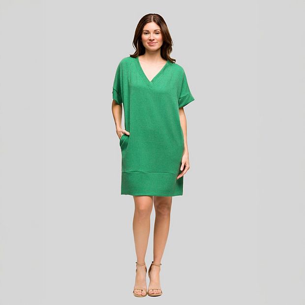 24seven Comfort Apparel Women's V Neck Loose Fit Short Sleeve Pocket T Shirt Dress - Green - S