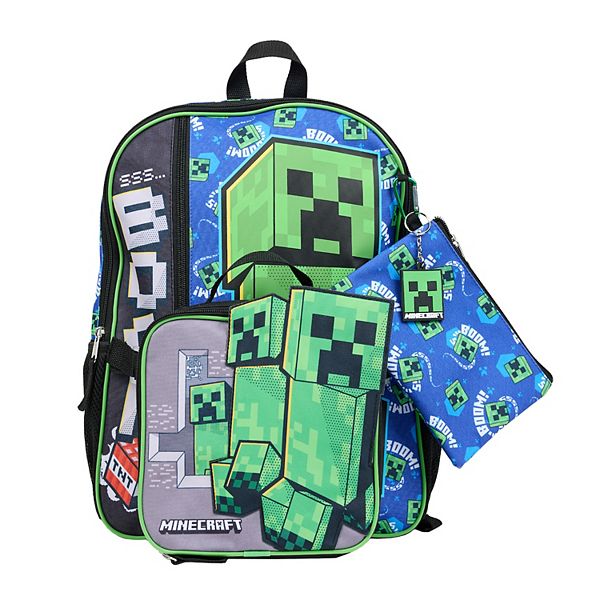 Minecraft Creeper 5-Piece Backpack, Lunch Bag, Pencil Case, Keychain, & Carabiner Set - Minecraft