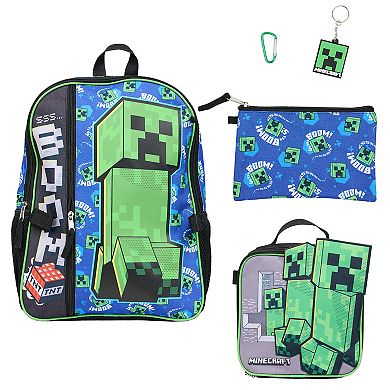 Minecraft Creeper 5-Piece Backpack, Lunch Bag, Pencil Case, Keychain, & Carabiner Set