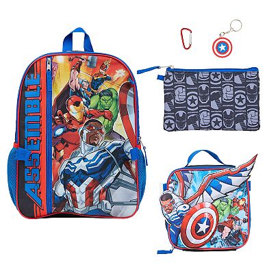 Marvel Avengers Sam Wilson 5-Piece Backpack, Lunch Bag, Pencil Case, Keychain, & Carabiner Set