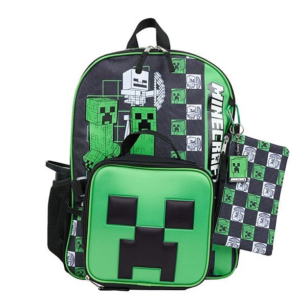 Minecraft Creeper Checkered 6-Piece Backpack, Lunch Bag, Pencil Case, Water Bottle, Keychain, & Carabiner Set - Minecraft