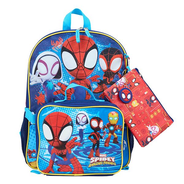 Marvel Spidey Amazing Friends 5-Piece Backpack, Lunch Bag, Pencil Case, Keychain, & Carabiner Set - Spidy And Friends