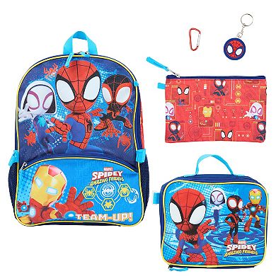Marvel Spidey Amazing Friends 5-Piece Backpack, Lunch Bag, Pencil Case, Keychain, & Carabiner Set