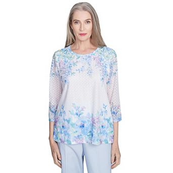 Women's Alfred Dunner Textured Floral Border Top with Three-Quarter Sleeves