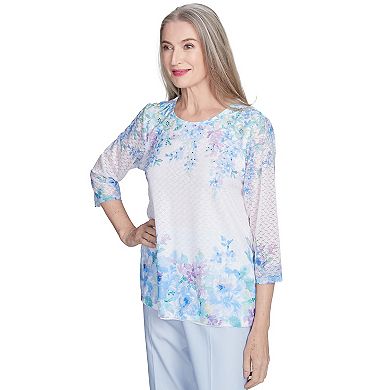 Women's Alfred Dunner Textured Floral Border Top with Three-Quarter Sleeves