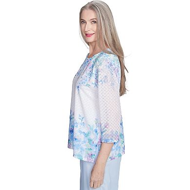 Women's Alfred Dunner Textured Floral Border Top with Three-Quarter Sleeves