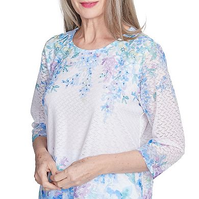 Women's Alfred Dunner Textured Floral Border Top with Three-Quarter Sleeves