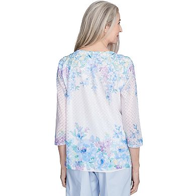 Women's Alfred Dunner Textured Floral Border Top with Three-Quarter Sleeves