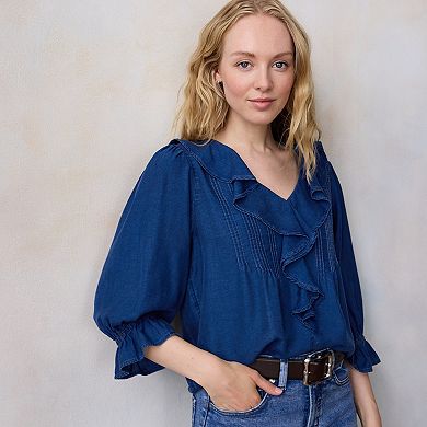 Petite LC Lauren Conrad Ruffle Front Blouse with Tucks