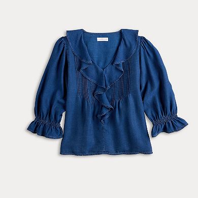 Petite LC Lauren Conrad Ruffle Front Blouse with Tucks