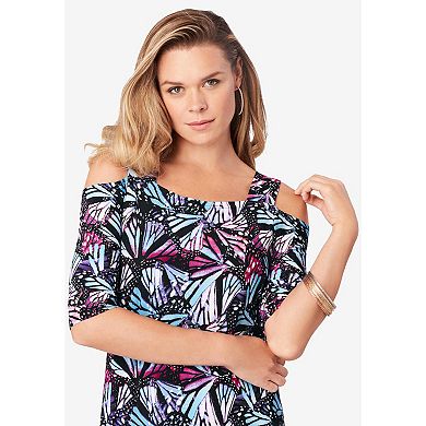 Roaman's Women's Plus Size Petite Plus Size Cold Shoulder Maxi Dress