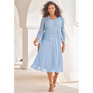 Roaman's Women's Plus Size Glitter & Lace Jacket Dress Set