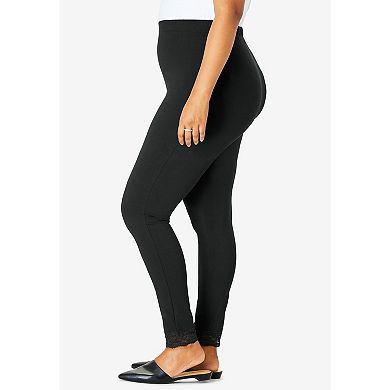 Roaman's Women's Plus Size Lace Trim Essential Stretch Legging