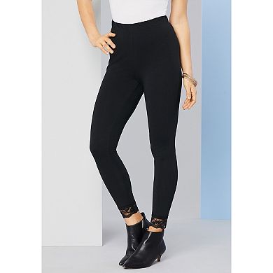 Roaman's Women's Plus Size Lace Trim Essential Stretch Legging