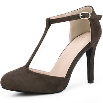 Women's Rounded Toe Stiletto Heel T-Strap Dress Pumps