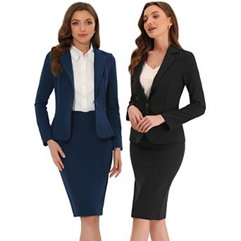 2 Packs Women's 2 pc Suit Skirt Sets Business Long Sleeve Blazer and Pencil Skirt Outfit