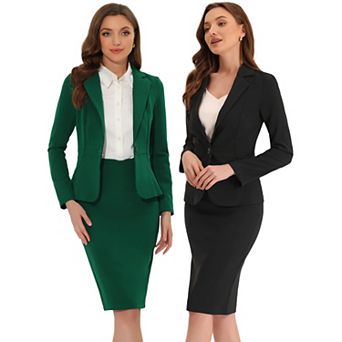 2 Packs Women's 2 pc Suit Skirt Sets Business Long Sleeve Blazer and Pencil Skirt Outfit