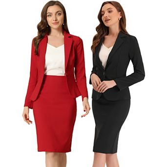 2 Packs Women's 2 pc Suit Skirt Sets Business Long Sleeve Blazer and Pencil Skirt Outfit