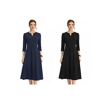 2 Packs Women's Work Office Elegant 3/4 Sleeve V Neck A-Line Dress