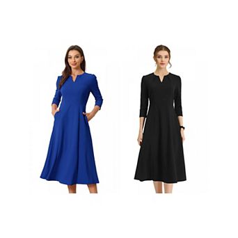 2 Packs Women's Work Office Elegant 3/4 Sleeve V Neck A-Line Dress