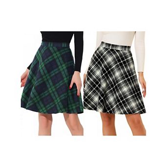 2 Packs Women's Plaids Elastic Waist Knee Length Worsted A Line Skirt