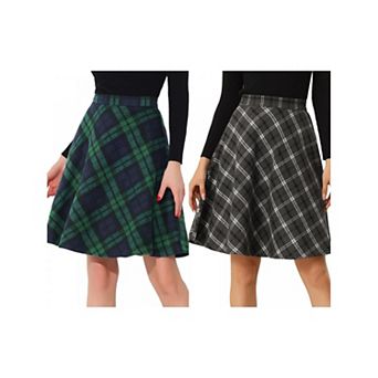 2 Packs Women's Plaids Elastic Waist Knee Length Worsted A Line Skirt