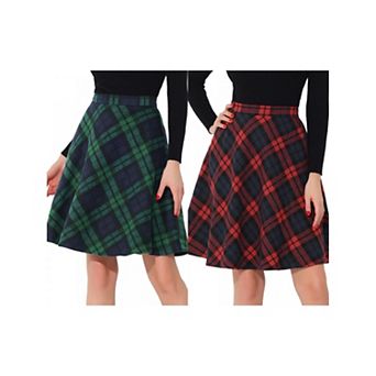 2 Packs Women's Plaids Elastic Waist Knee Length Worsted A Line Skirt